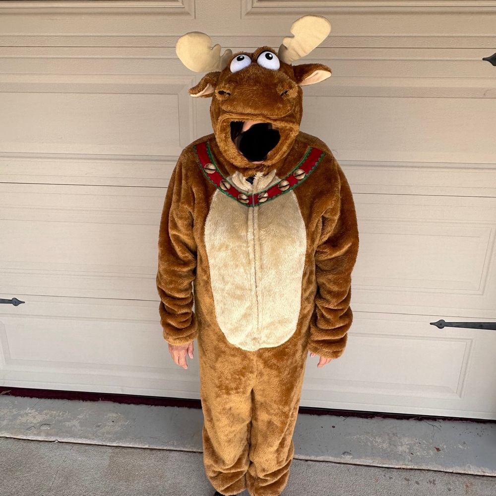 Briefly Stated Reindeer Costume Pajamas XL Hooded One Piece Plush Union Suit